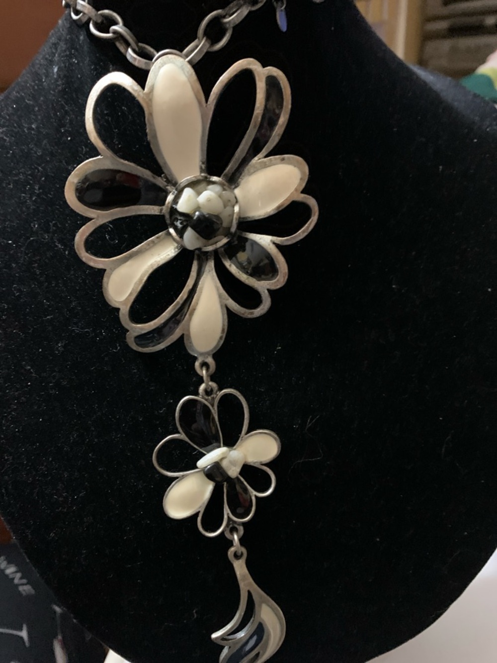 Nena Silver Tone Black and White Flower Pendant Necklace - Women's Jewelry